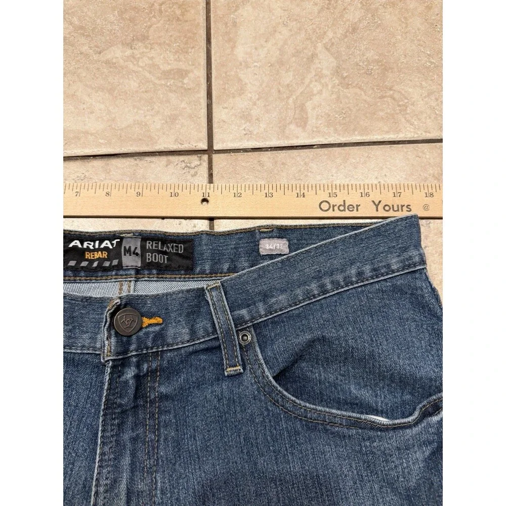 Ariat Jeans Mens 34x32 M4 Rebar Relaxed Boot Cut Blue Denim Stretch Work Wear - Picture 4 of 8
